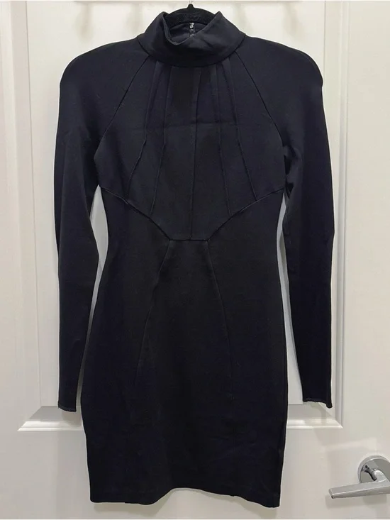 GUESS Sculpted Black Bodycon Mini Dress High Neck XS - Picture 2 of 4